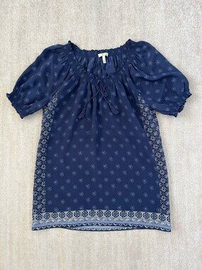 Joie Boho Peasant Smocked Short Sleeve Blue Blouse Top L
